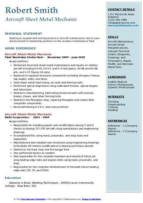 aircraft sheet metal resume|Aircraft Sheet Metal Mechanic Resume Examples & Samples for .